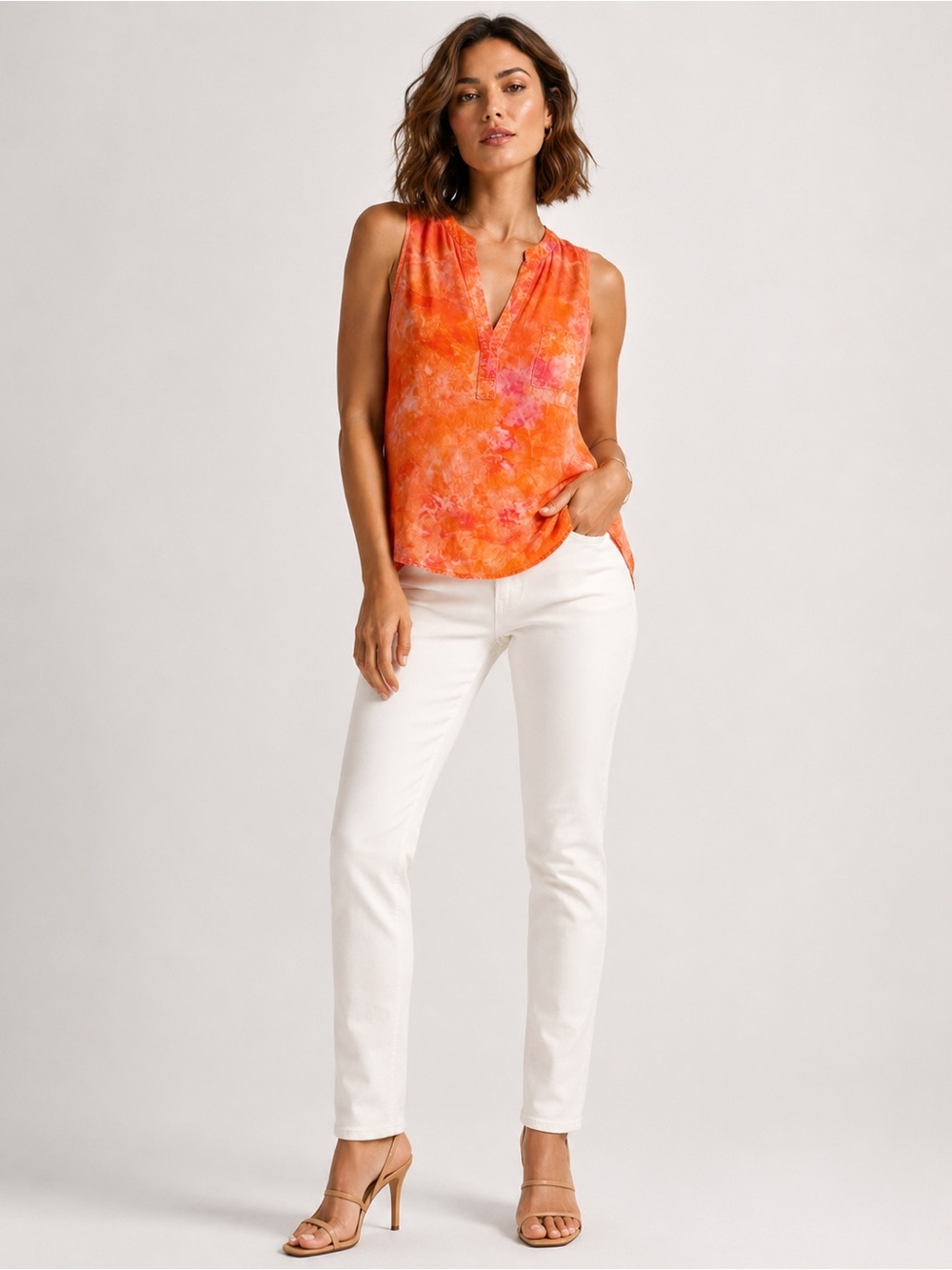 Gypsy 05 Orange Tie-Dye Sleeveless V-Neck Blouse
